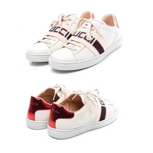 $850 Gucci Made in Italy New Ace Stripe Logo Print White Leather Sneakers size 6